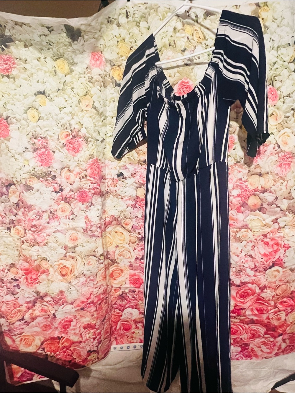 Navy & White Striped Off-Shoulder Jumpsuit
